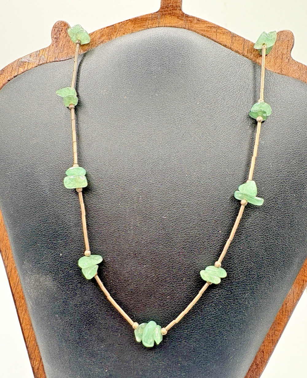 Dainty Liquid Silver Necklace 18" Jade Beads Sterling Silver 925 Vintage 6g